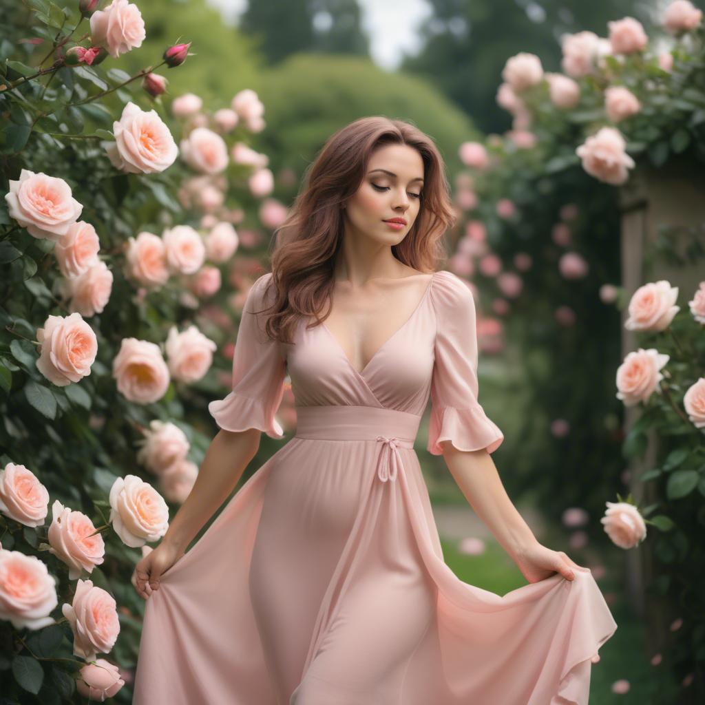 A stunning image of romantic woman in a soft pink dress in a rose garden.