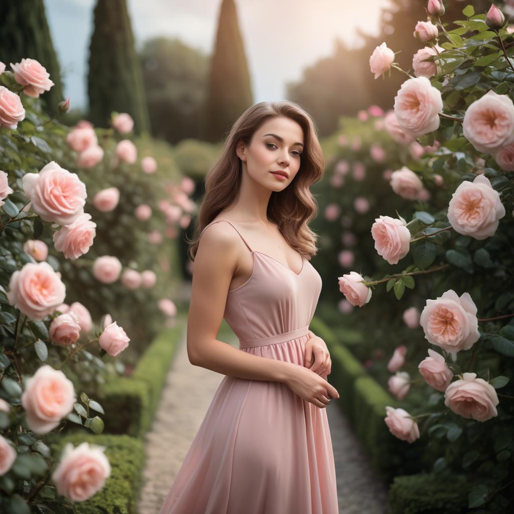 A stunning image of romantic woman in a soft pink dress in a rose garden.