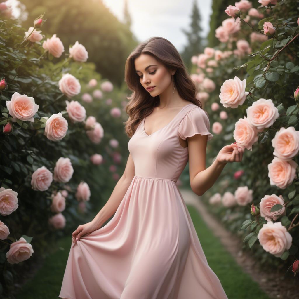 A stunning image of romantic woman in a soft pink dress in a rose garden.