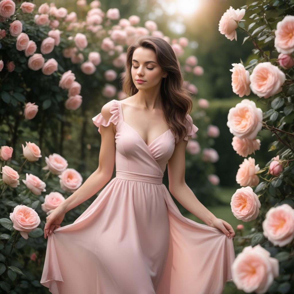 A stunning image of romantic woman in a soft pink dress in a rose garden.