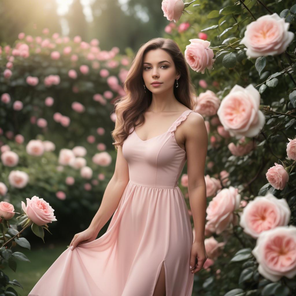 A stunning image of romantic woman in a soft pink dress in a rose garden.