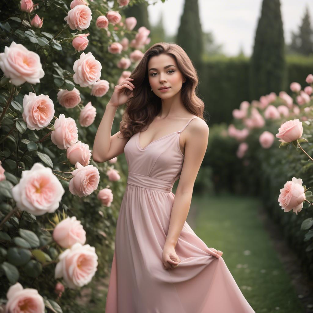 A stunning image of romantic woman in a soft pink dress in a rose garden.