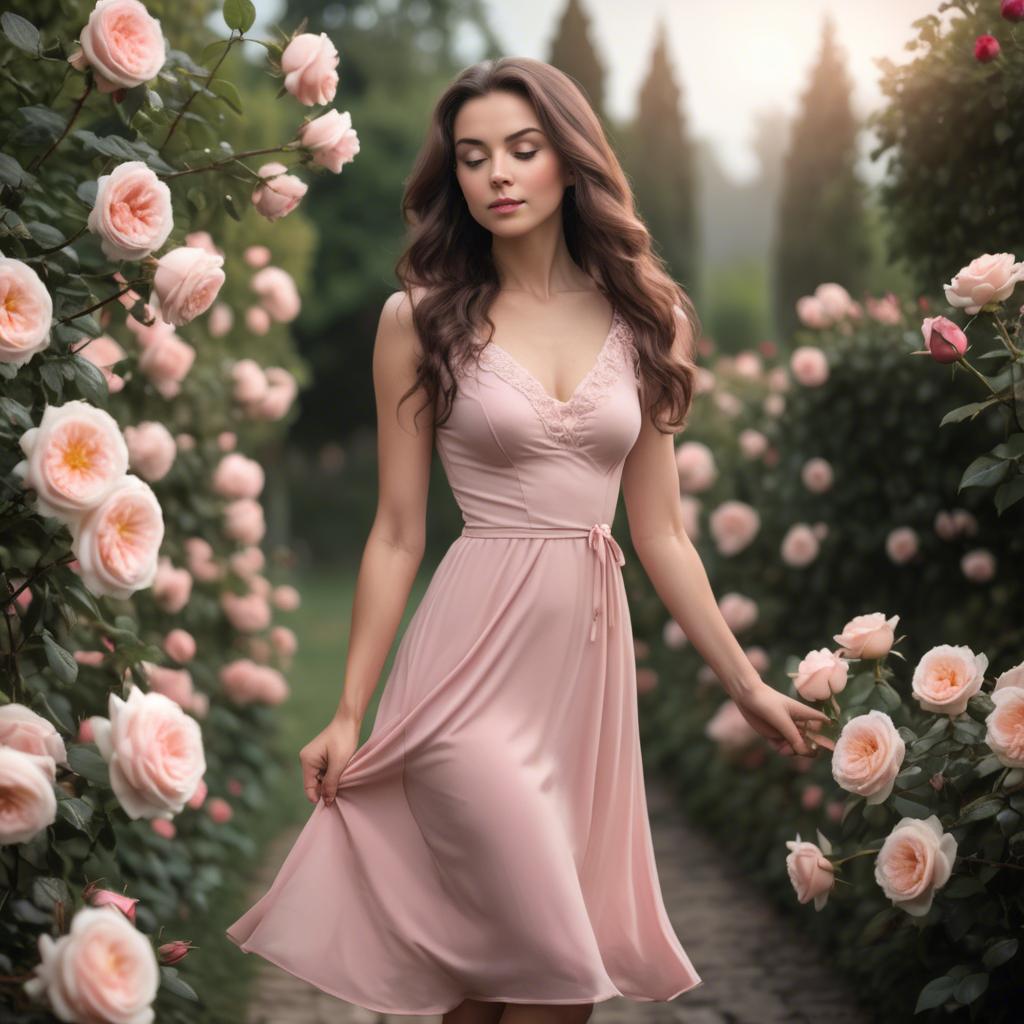 A stunning image of romantic woman in a soft pink dress in a rose garden.