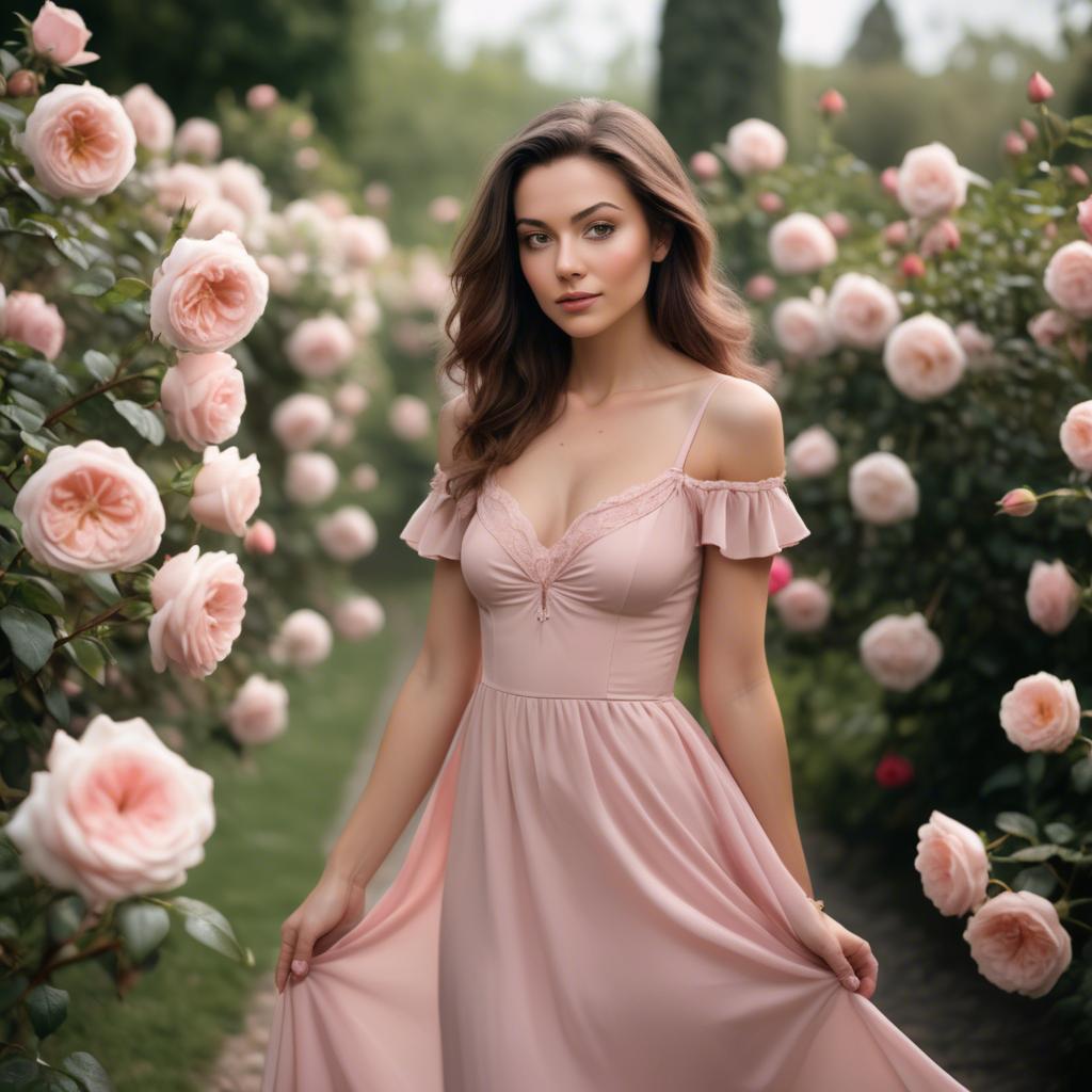 A stunning image of romantic woman in a soft pink dress in a rose garden.