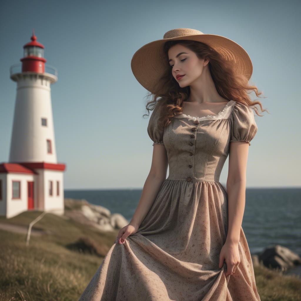 A stunning image of romantic woman in a vintage dress by a lighthouse.