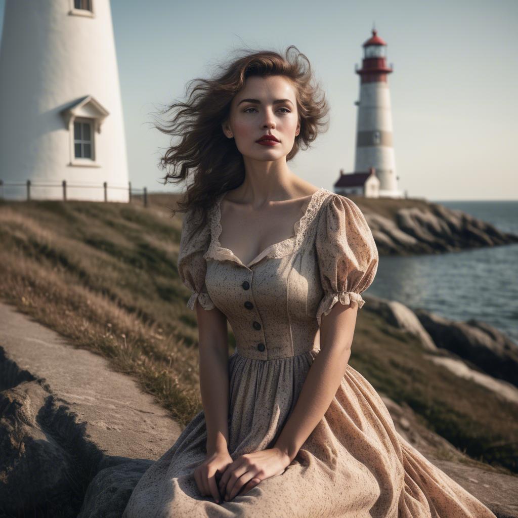 A stunning image of romantic woman in a vintage dress by a lighthouse.