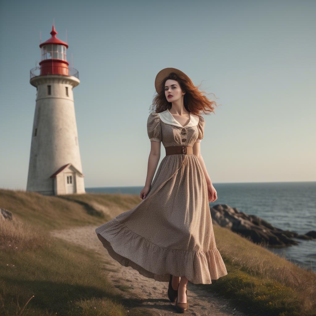 A stunning image of romantic woman in a vintage dress by a lighthouse.