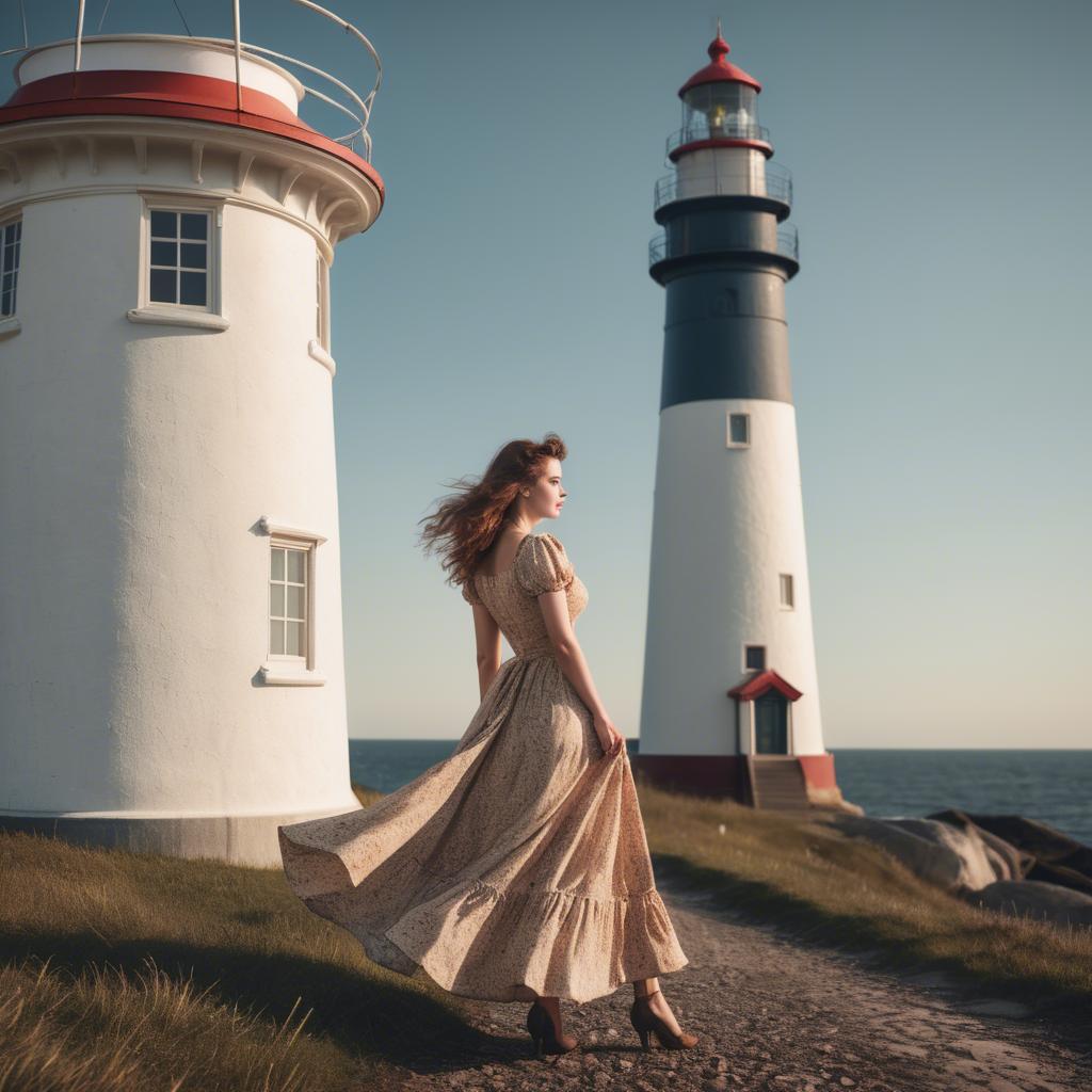 A stunning image of romantic woman in a vintage dress by a lighthouse.