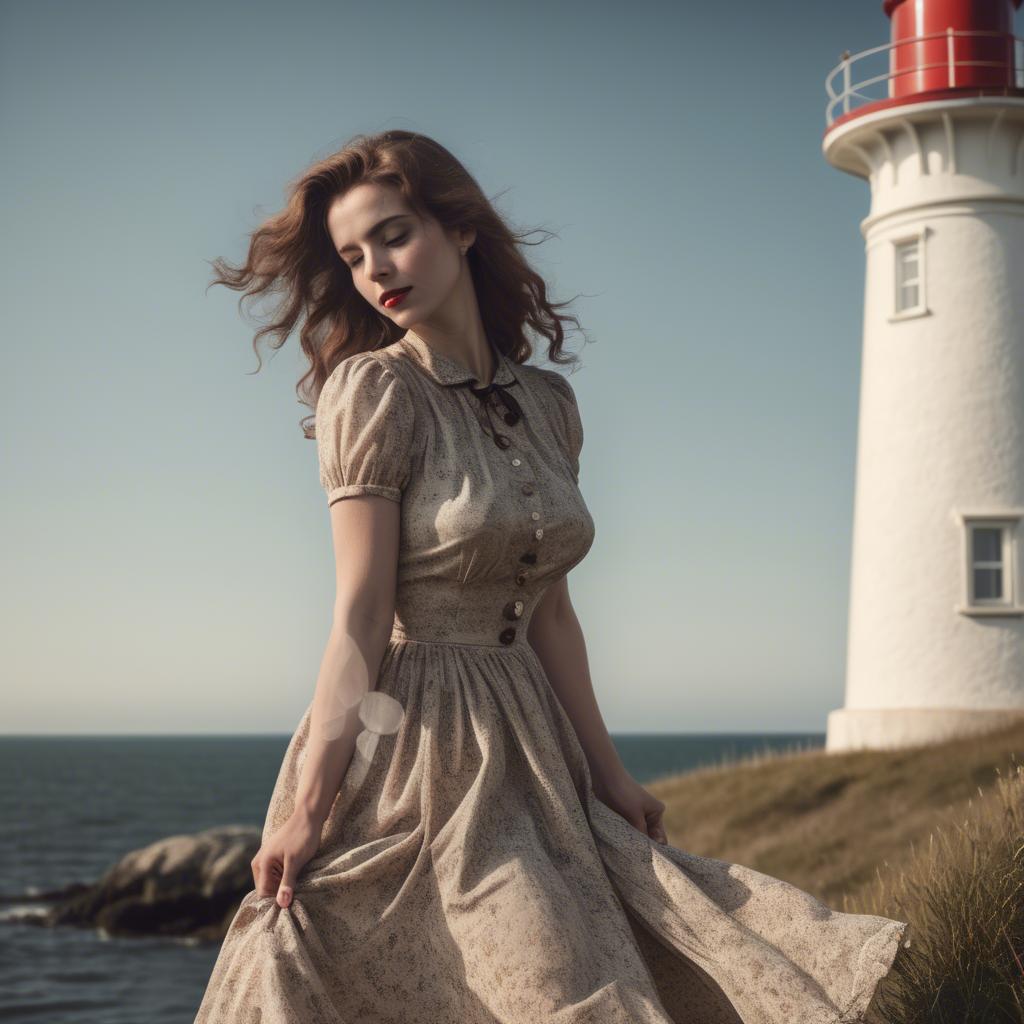 A stunning image of romantic woman in a vintage dress by a lighthouse.