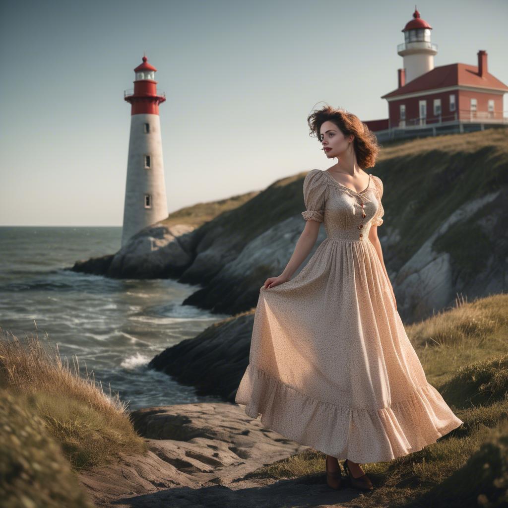 A stunning image of romantic woman in a vintage dress by a lighthouse.