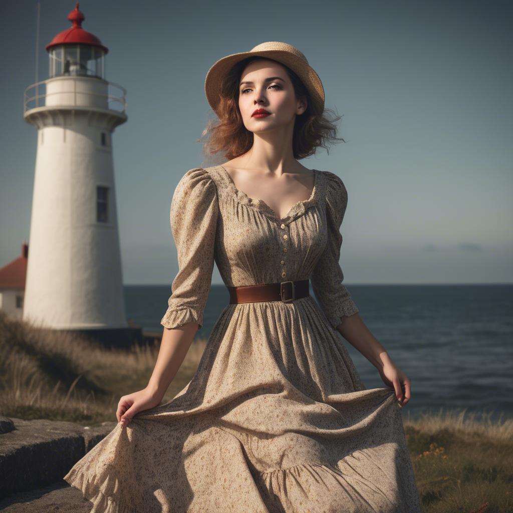 A stunning image of romantic woman in a vintage dress by a lighthouse.