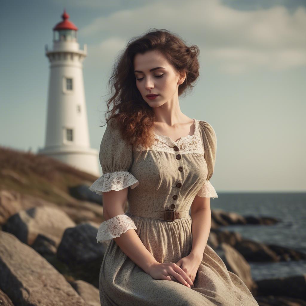 A stunning image of romantic woman in a vintage dress by a lighthouse.