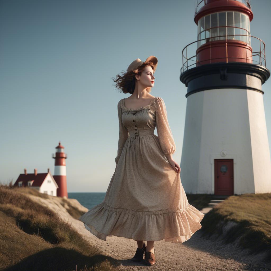 A stunning image of romantic woman in a vintage dress by a lighthouse.