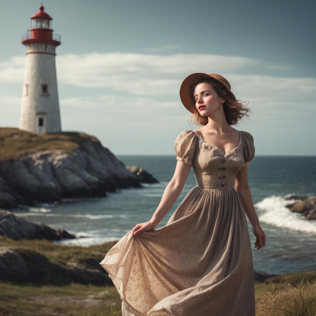 A stunning image of romantic woman in a vintage dress by a lighthouse.