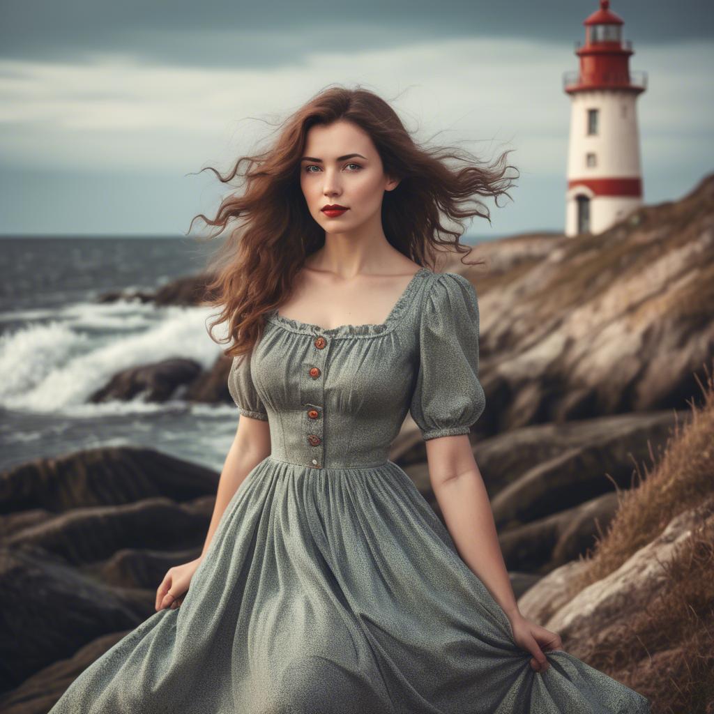A stunning image of romantic woman in a vintage dress by a lighthouse.