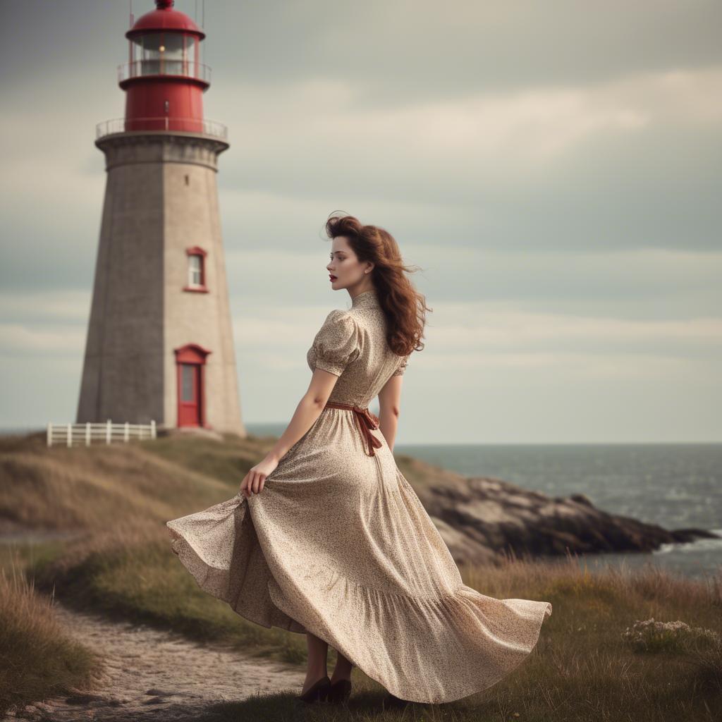 A stunning image of romantic woman in a vintage dress by a lighthouse.