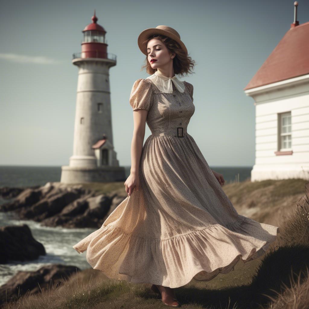 A stunning image of romantic woman in a vintage dress by a lighthouse.