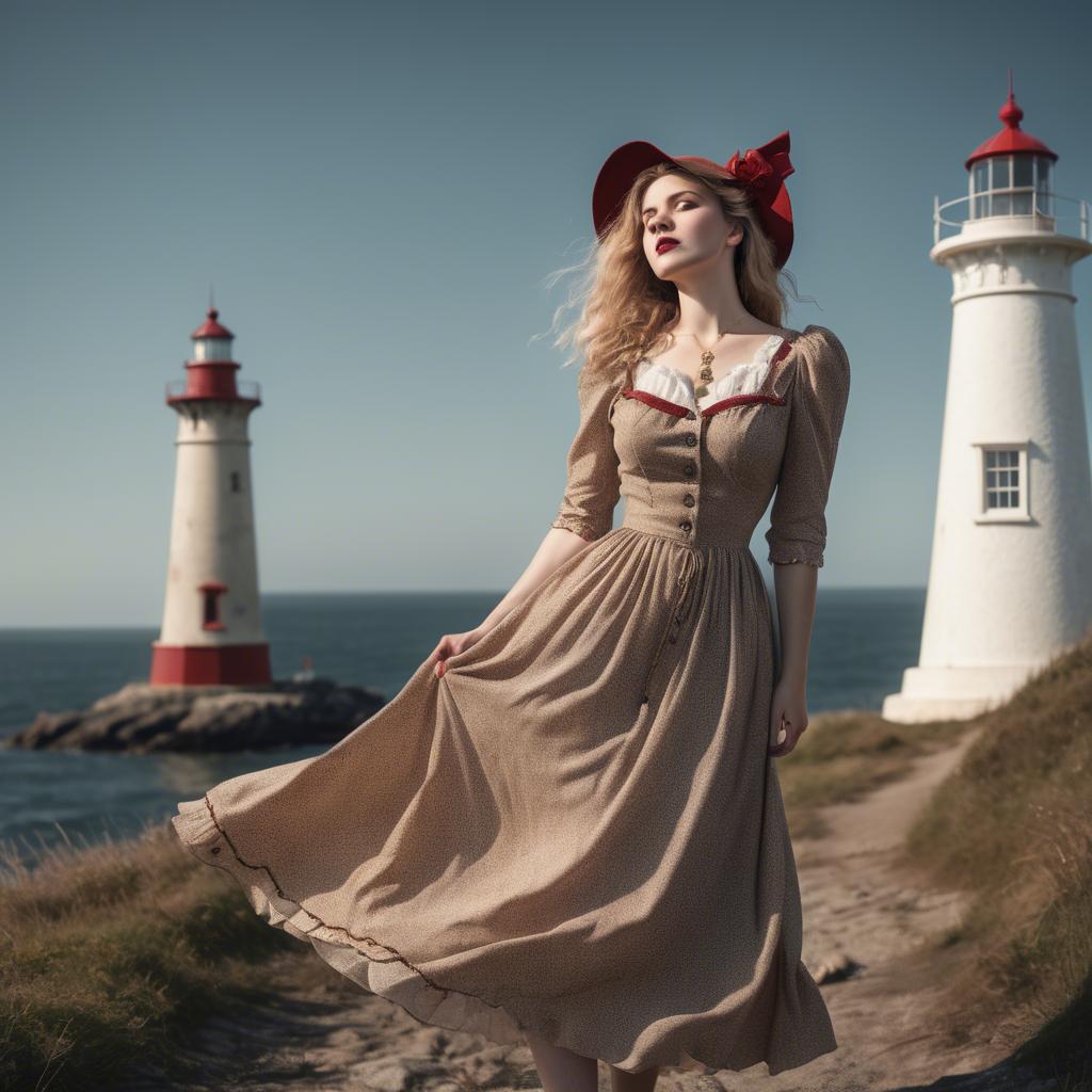A stunning image of romantic woman in a vintage dress by a lighthouse.