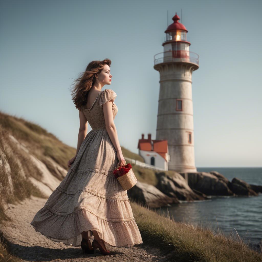 A stunning image of romantic woman in a vintage dress by a lighthouse.