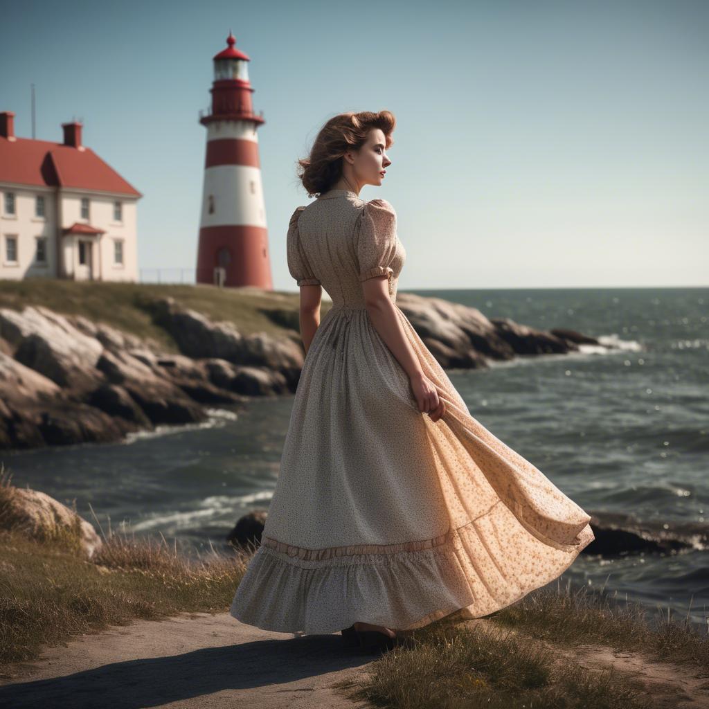 A stunning image of romantic woman in a vintage dress by a lighthouse.