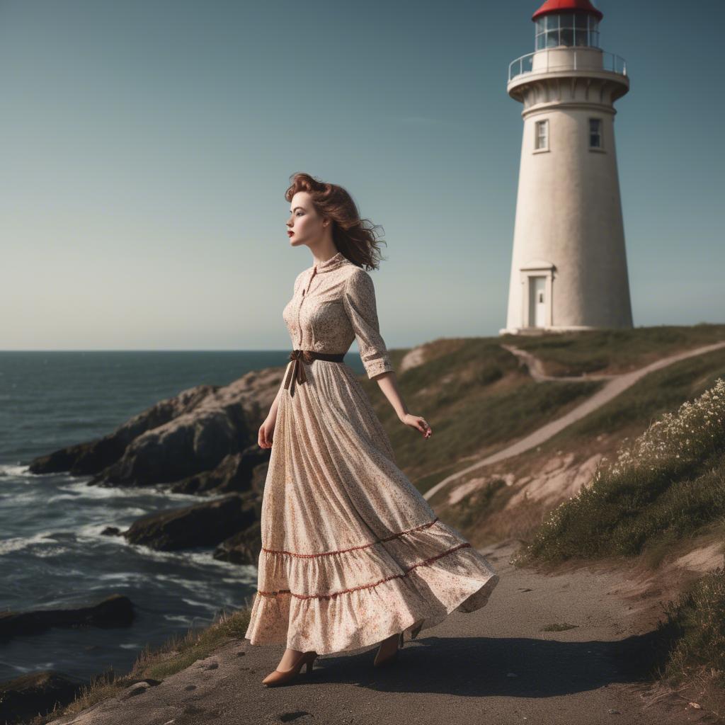 A stunning image of romantic woman in a vintage dress by a lighthouse.