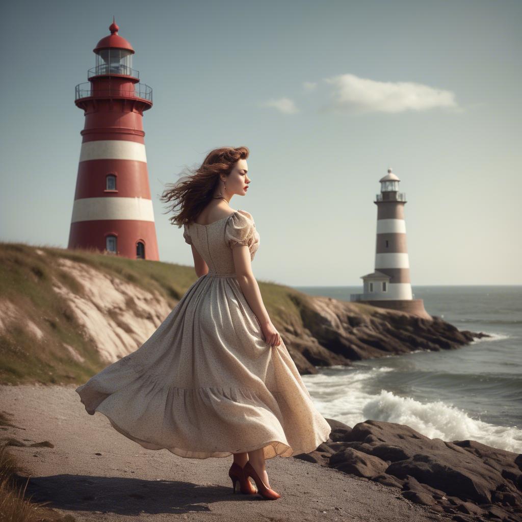 A stunning image of romantic woman in a vintage dress by a lighthouse.