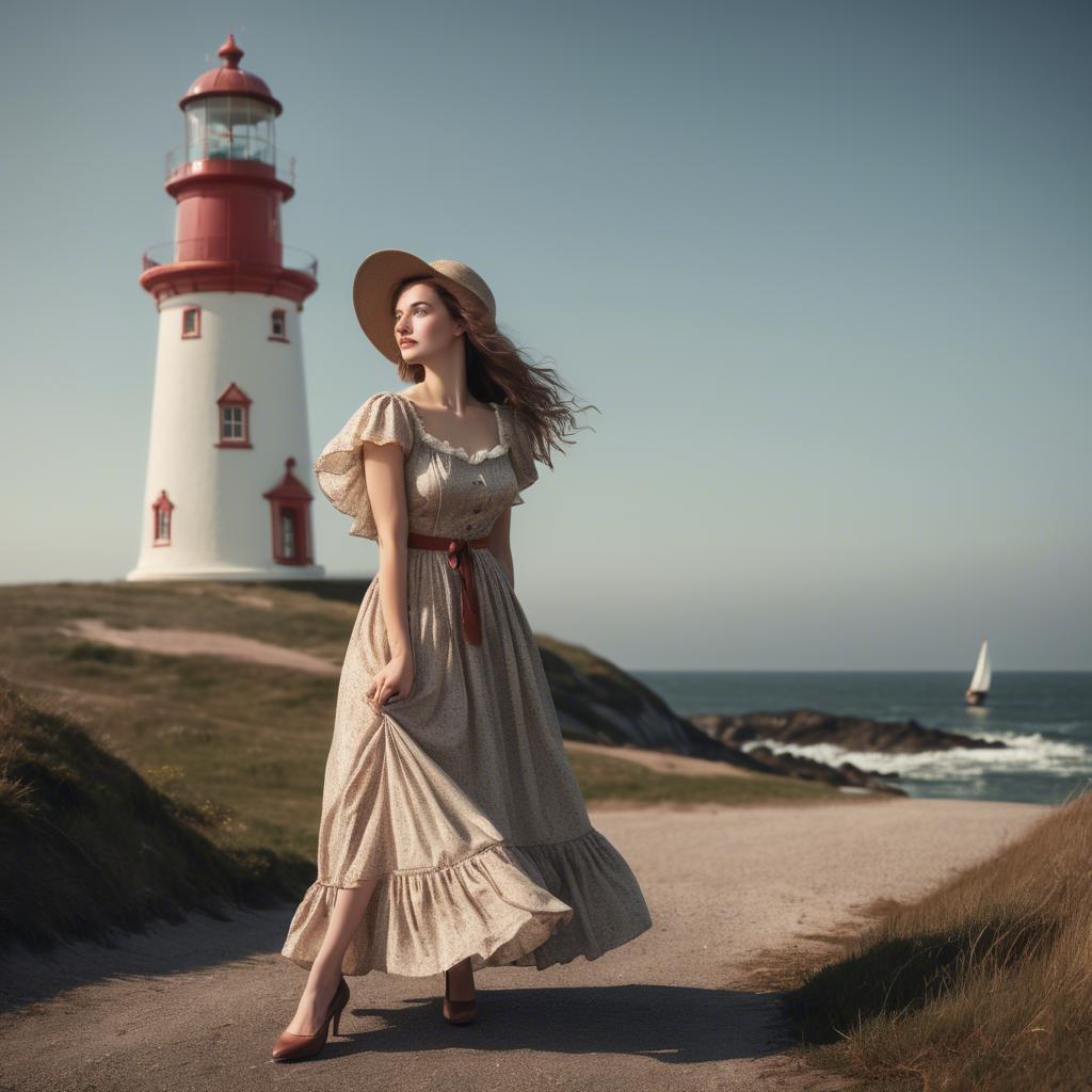 A stunning image of romantic woman in a vintage dress by a lighthouse.
