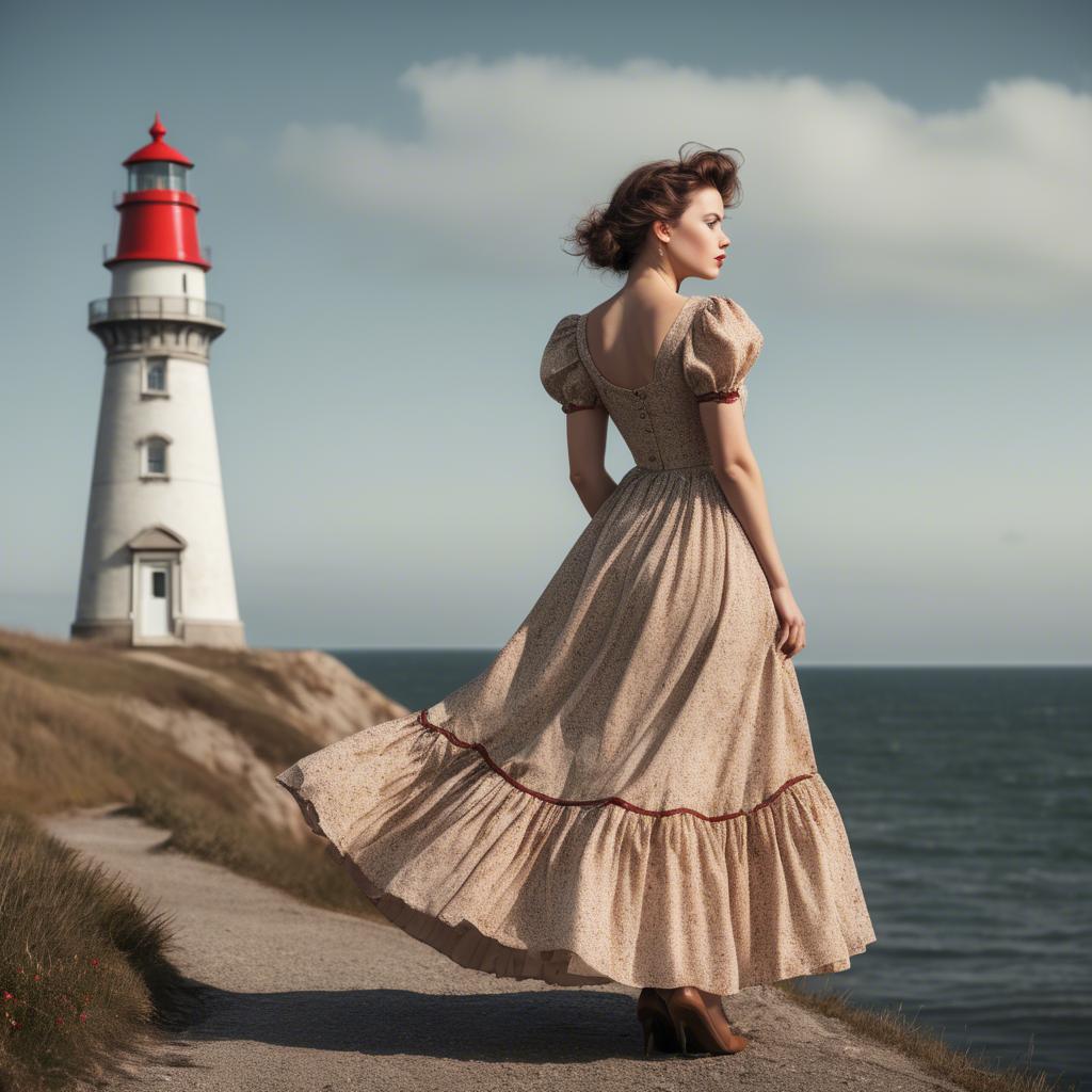 A stunning image of romantic woman in a vintage dress by a lighthouse.