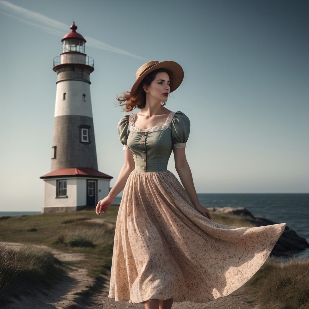 A stunning image of romantic woman in a vintage dress by a lighthouse.