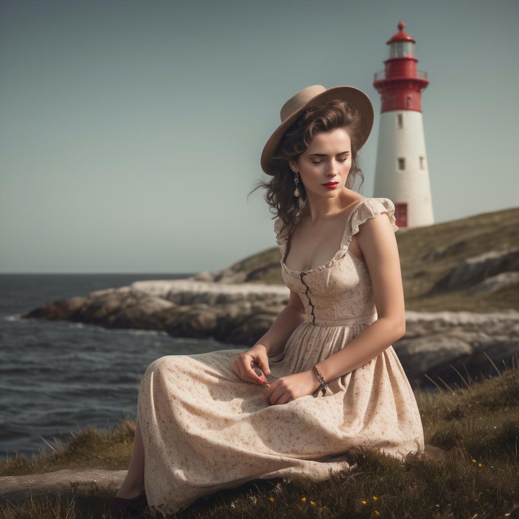 A stunning image of romantic woman in a vintage dress by a lighthouse.