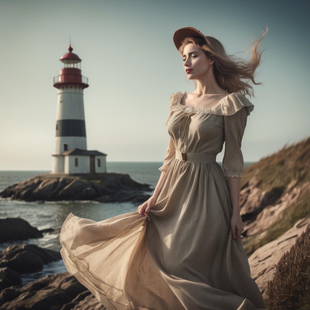 A stunning image of romantic woman in a vintage dress by a lighthouse.