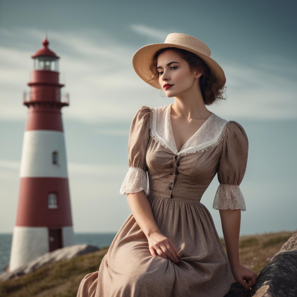 A stunning image of romantic woman in a vintage dress by a lighthouse.