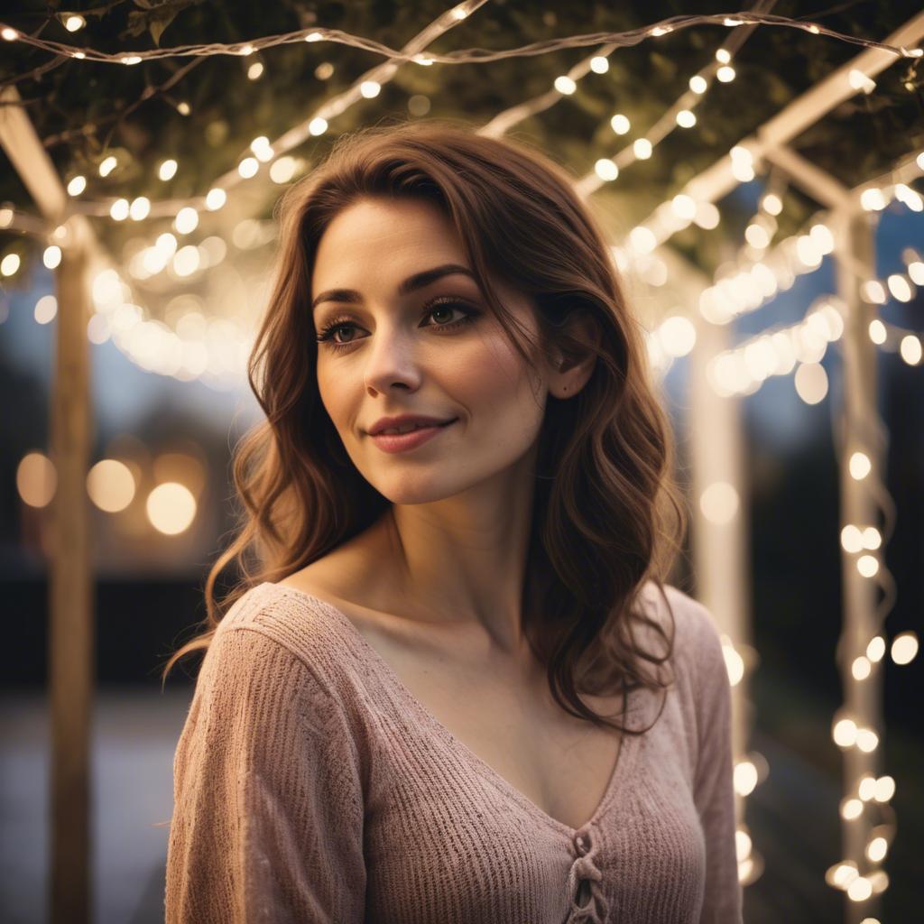 A stunning image of romantic woman standing under a canopy of fairy lights.