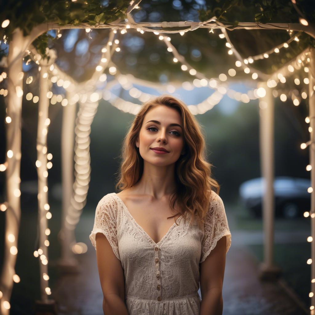 A stunning image of romantic woman standing under a canopy of fairy lights.