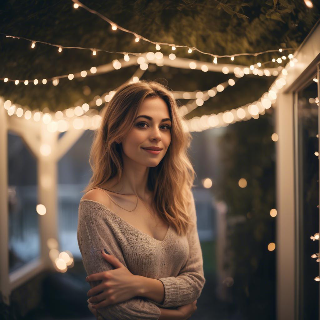 A stunning image of romantic woman standing under a canopy of fairy lights.