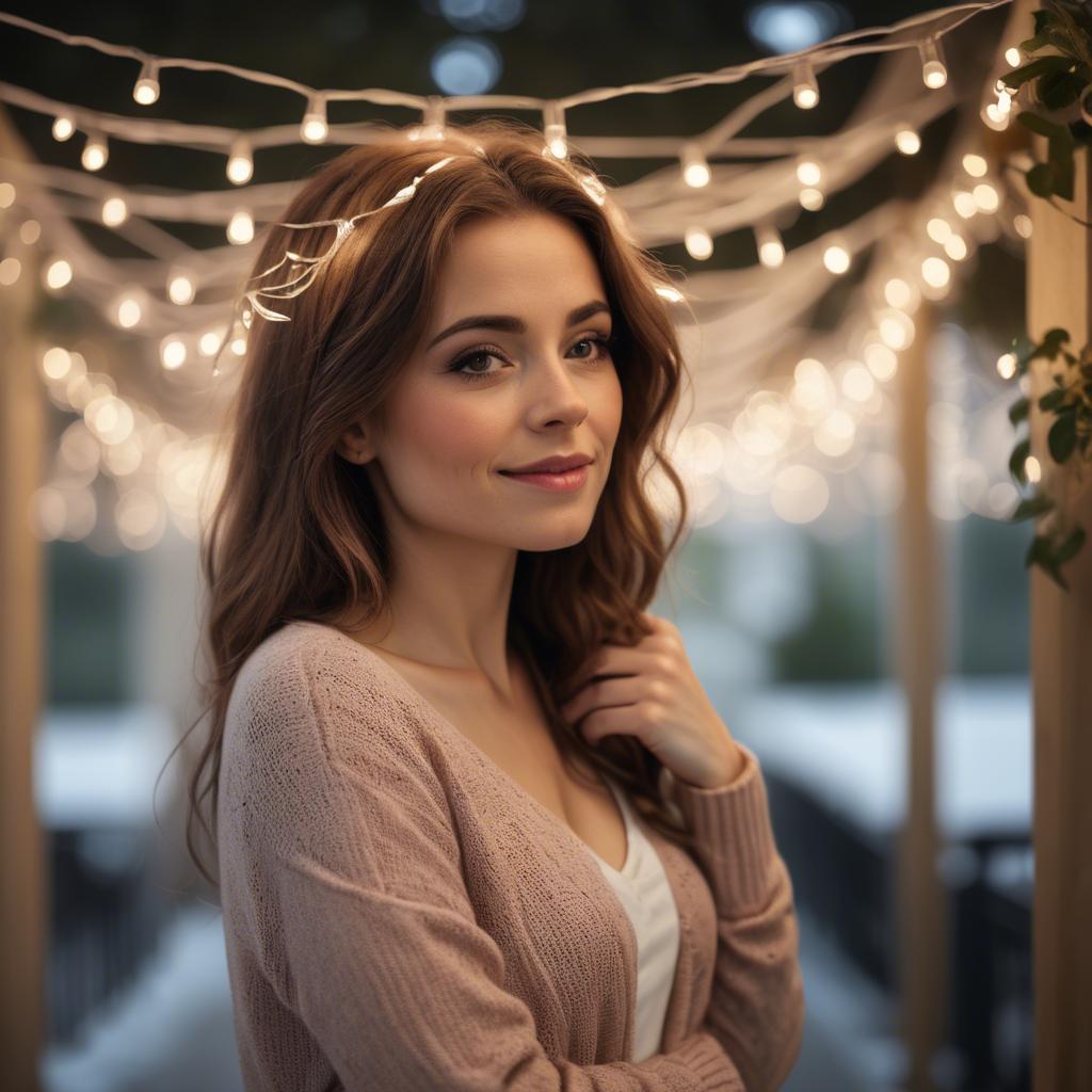 A stunning image of romantic woman standing under a canopy of fairy lights.
