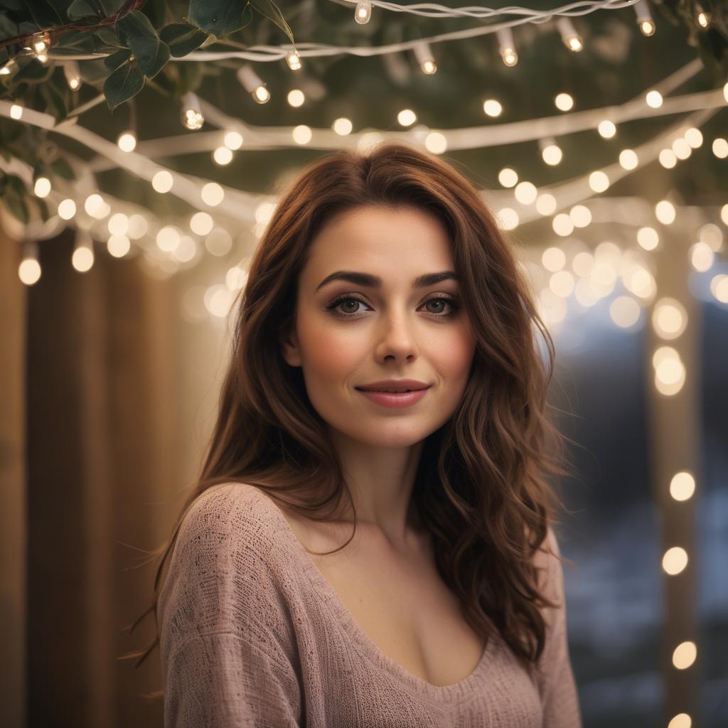 A stunning image of romantic woman standing under a canopy of fairy lights.