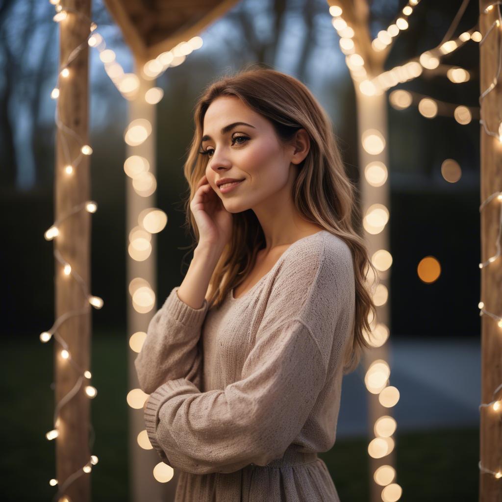 A stunning image of romantic woman standing under a canopy of fairy lights.