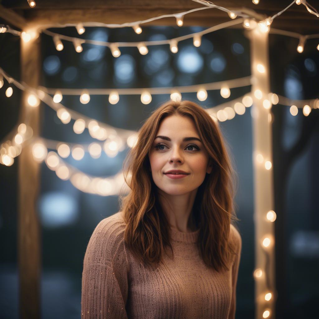A stunning image of romantic woman standing under a canopy of fairy lights.