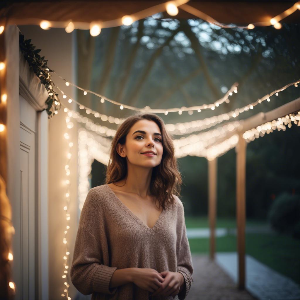 A stunning image of romantic woman standing under a canopy of fairy lights.