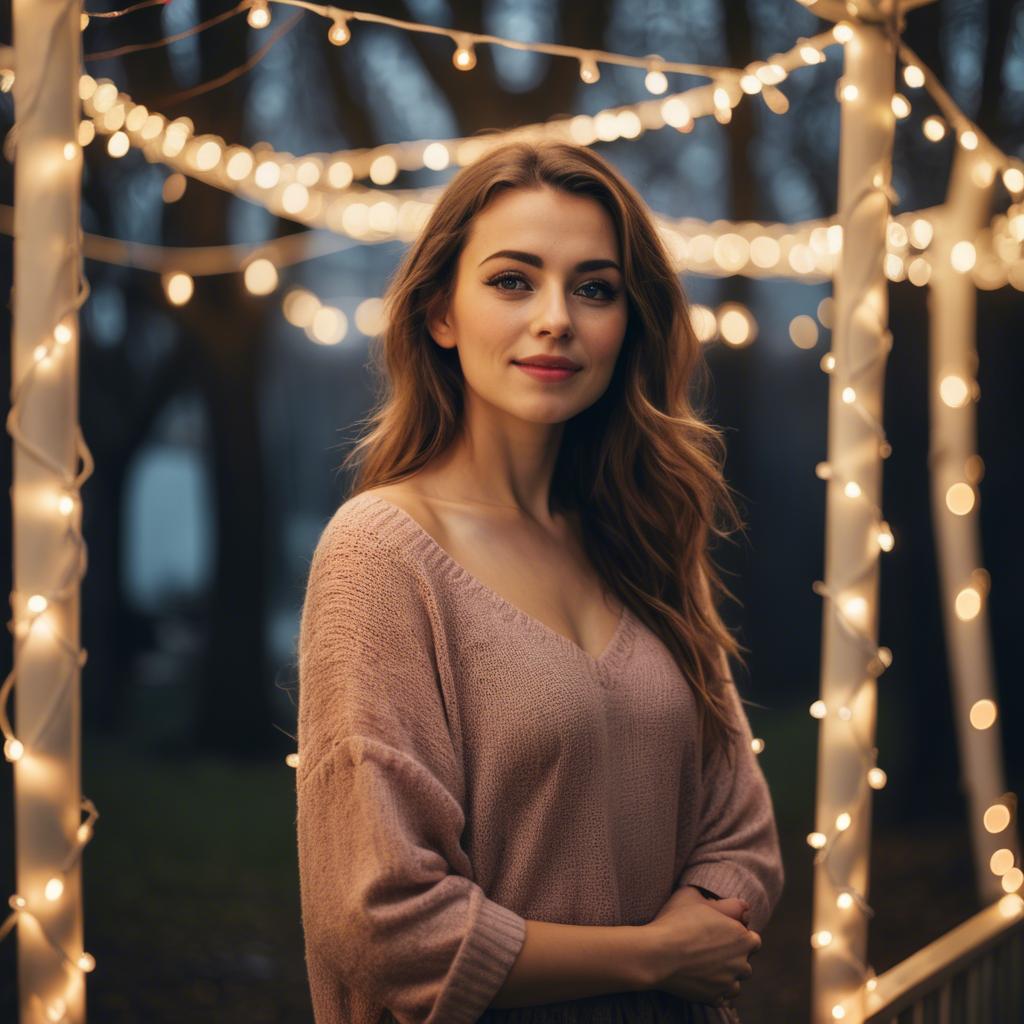 A stunning image of romantic woman standing under a canopy of fairy lights.