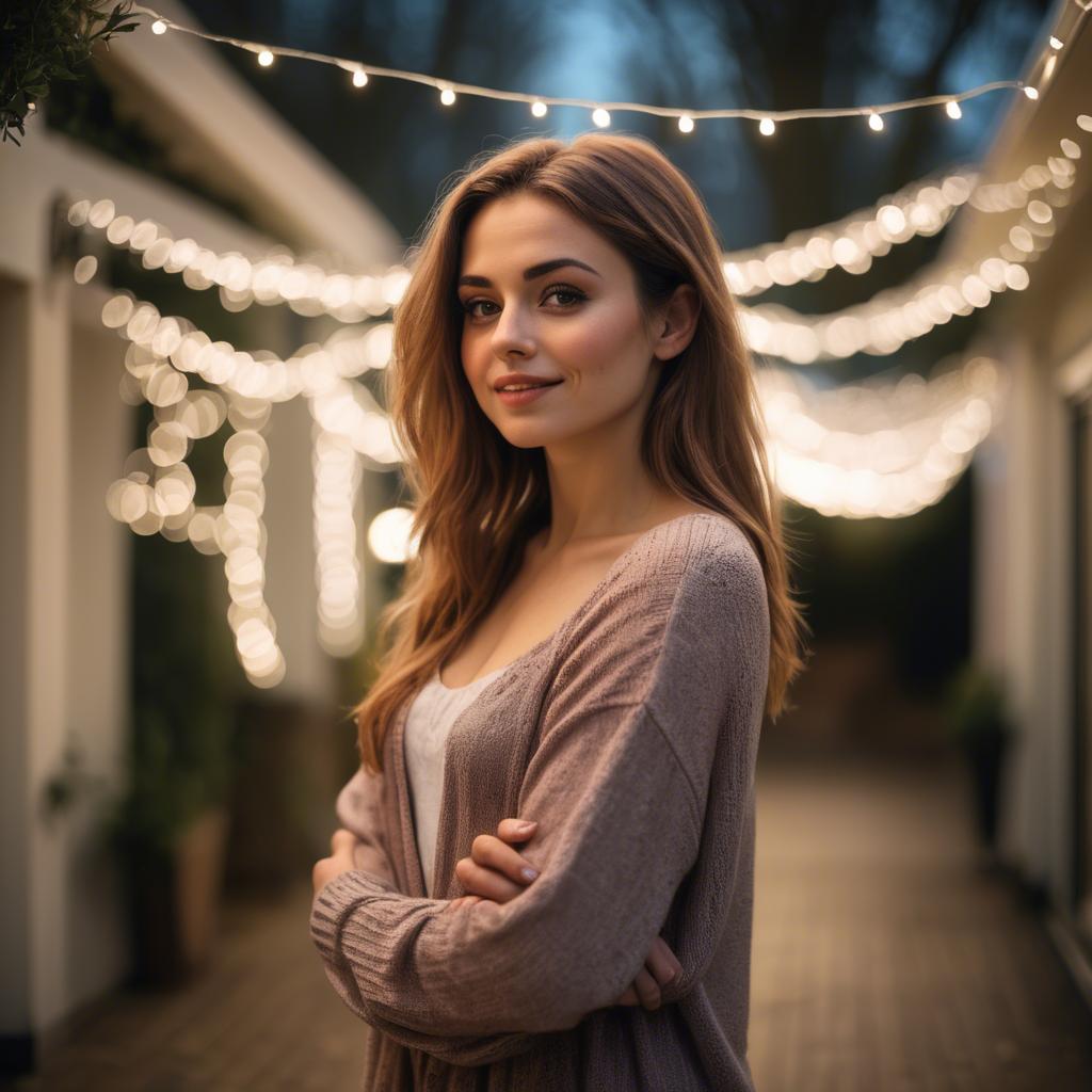 A stunning image of romantic woman standing under a canopy of fairy lights.