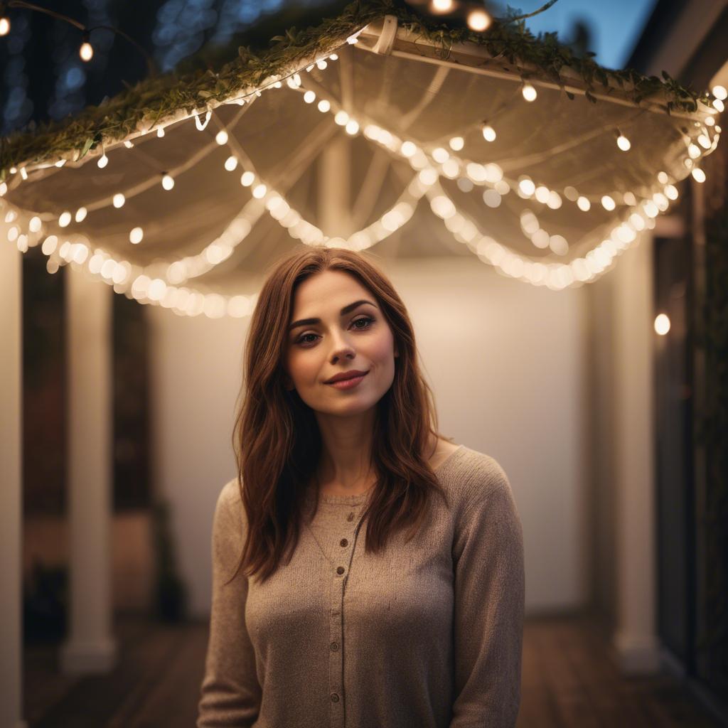 A stunning image of romantic woman standing under a canopy of fairy lights.