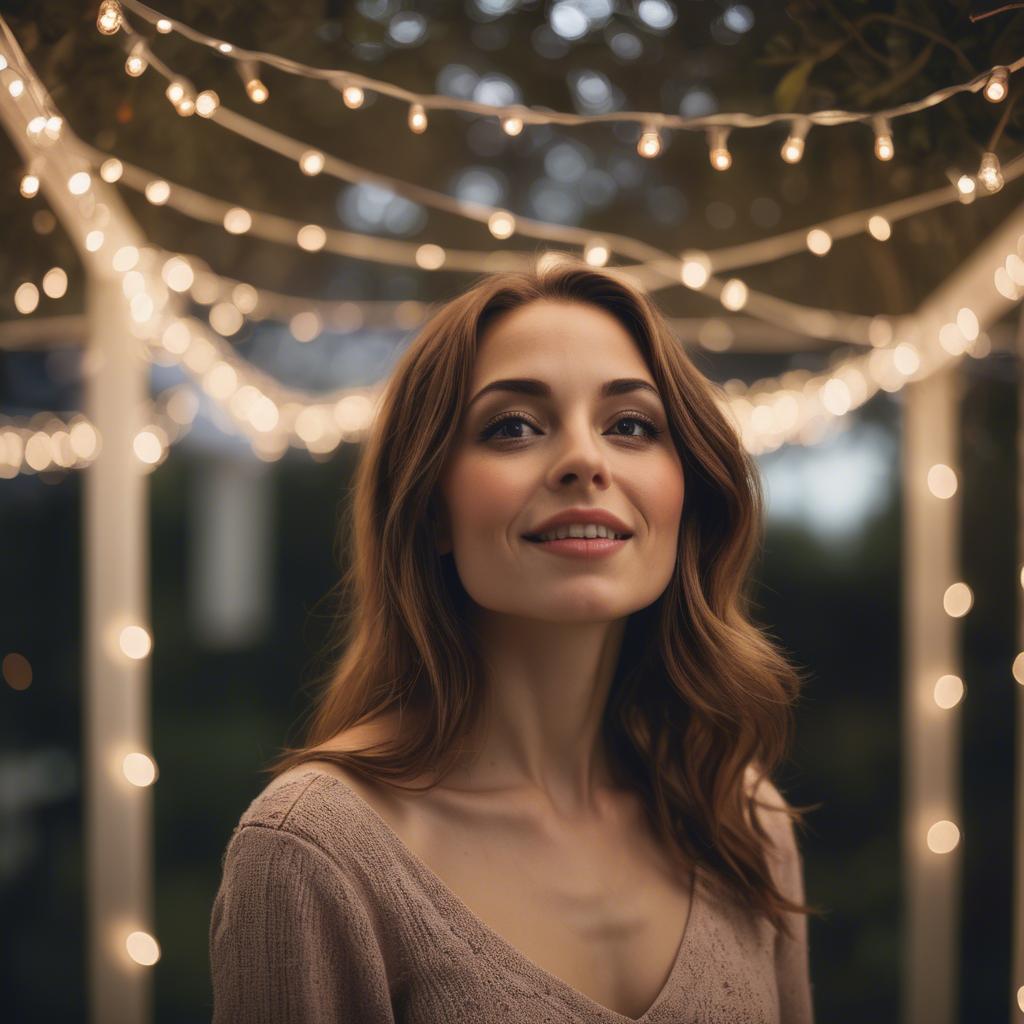 A stunning image of romantic woman standing under a canopy of fairy lights.