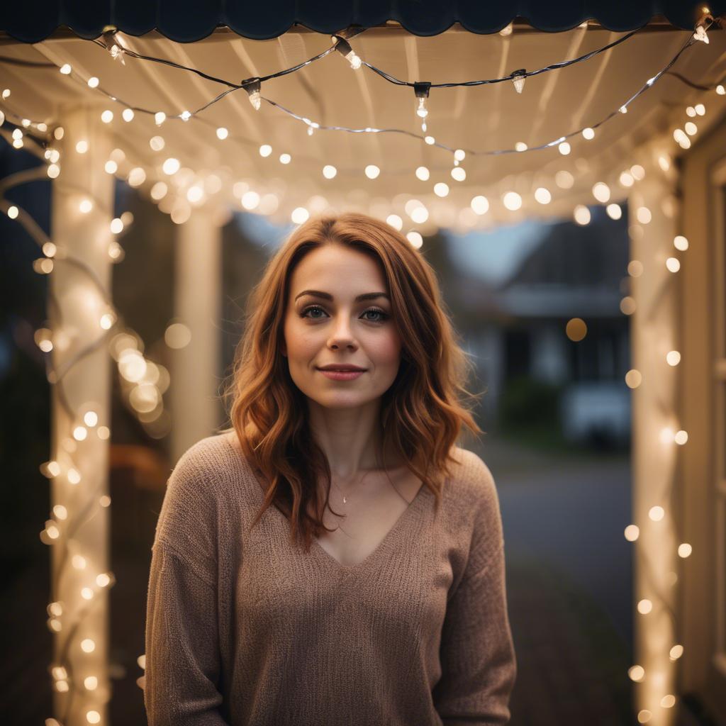 A stunning image of romantic woman standing under a canopy of fairy lights.