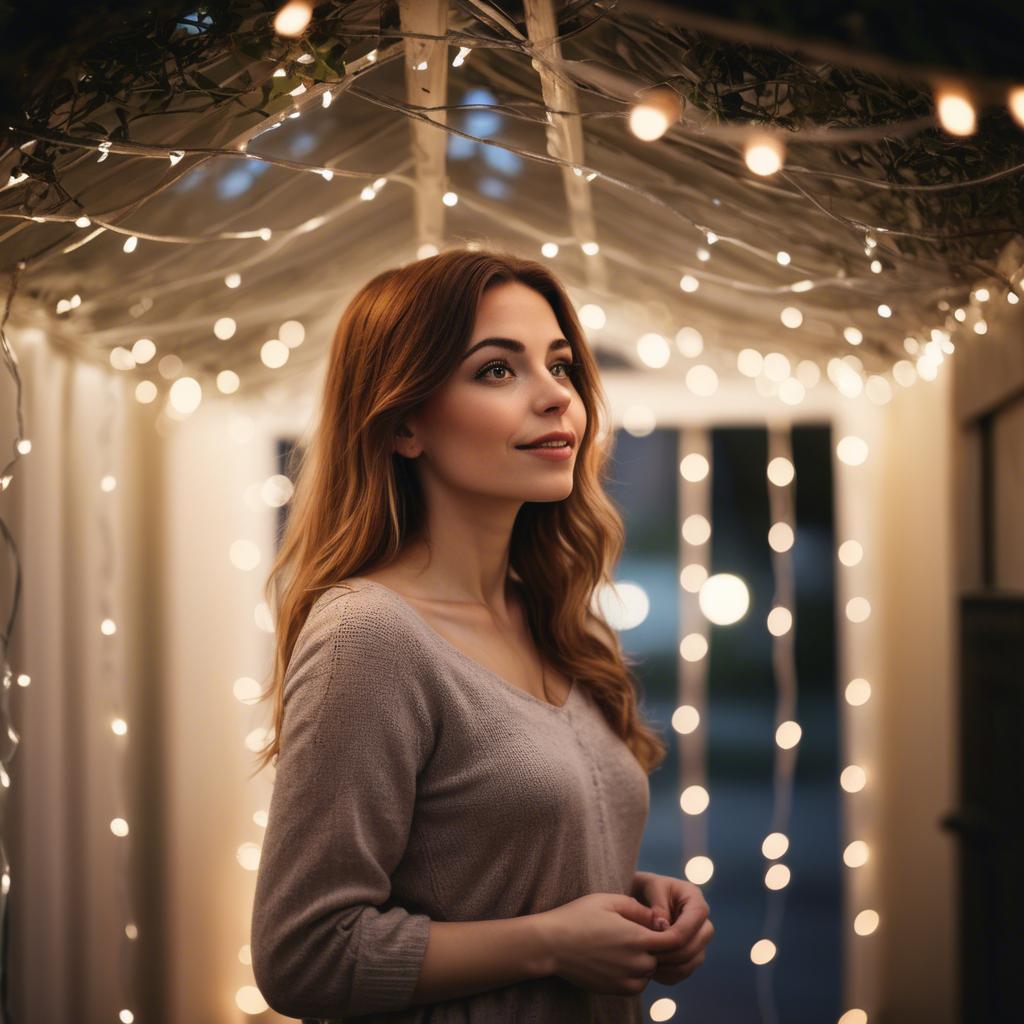 A stunning image of romantic woman standing under a canopy of fairy lights.