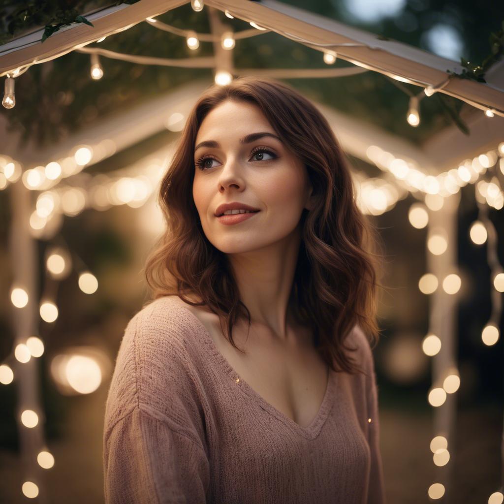 A stunning image of romantic woman standing under a canopy of fairy lights.