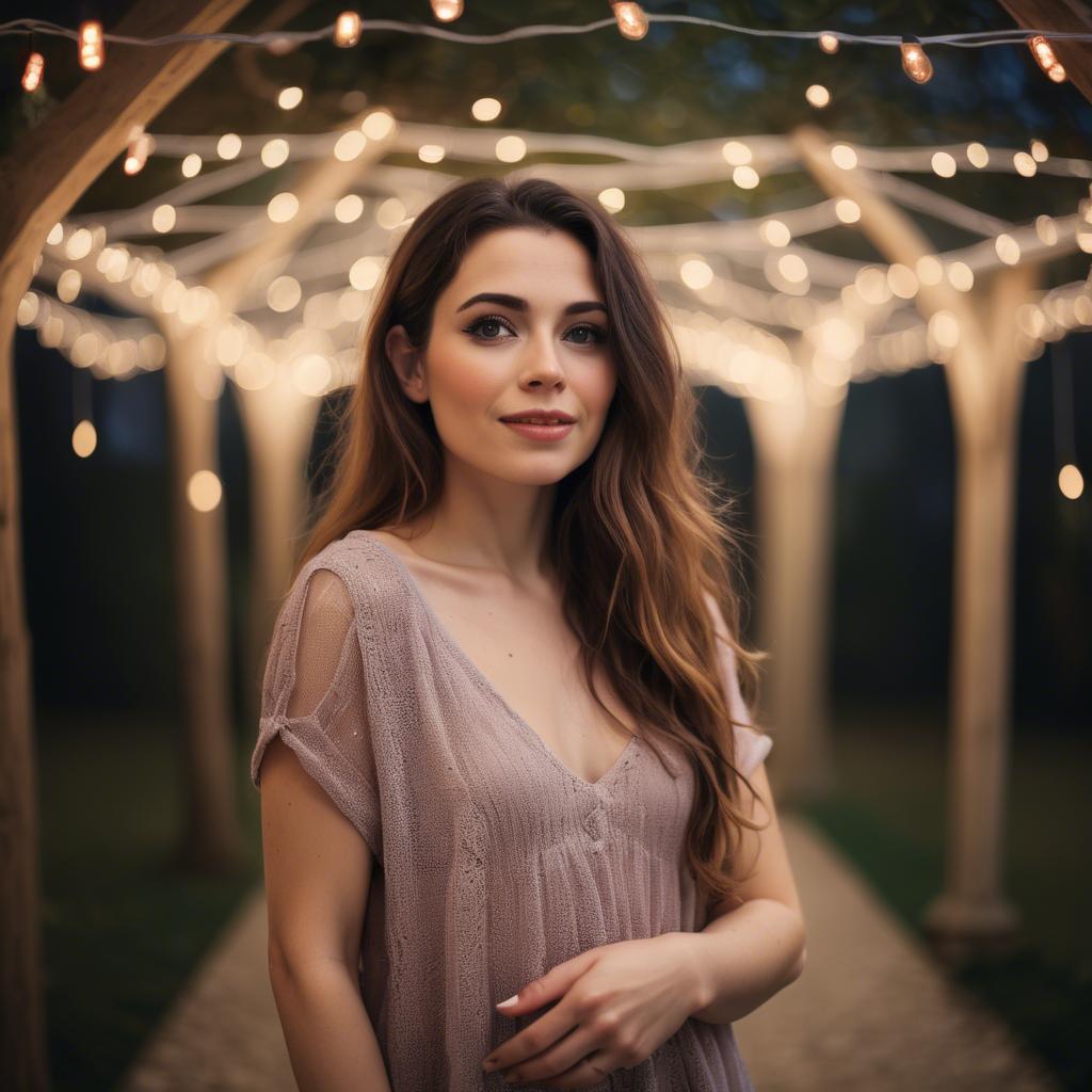 A stunning image of romantic woman standing under a canopy of fairy lights.