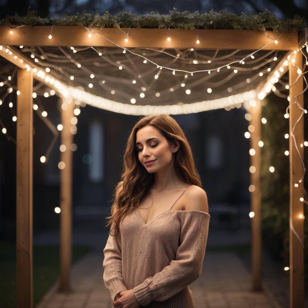 A stunning image of romantic woman standing under a canopy of fairy lights.