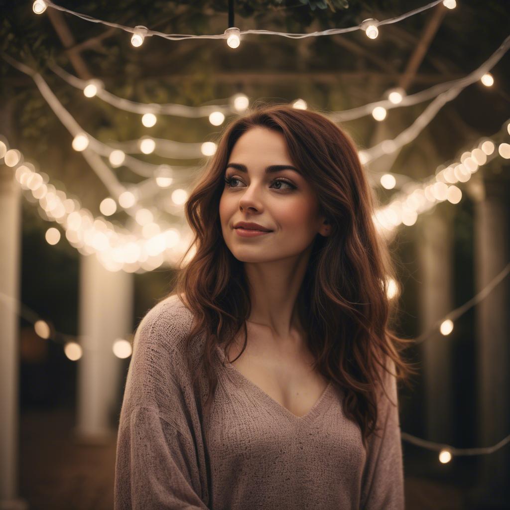 A stunning image of romantic woman standing under a canopy of fairy lights.